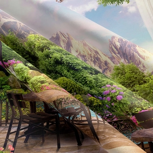 Detailansicht der Twill-Stoffstruktur eines Wandteppichs mit malerischer Landschaft