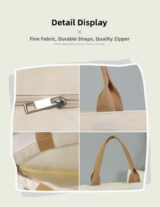 Detail view of canvas tote bag showing zipper closure, handles, and inner fabric texture