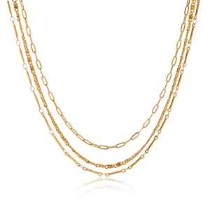 Three-layer gold titanium steel necklace featuring paperclip and textured twist chains