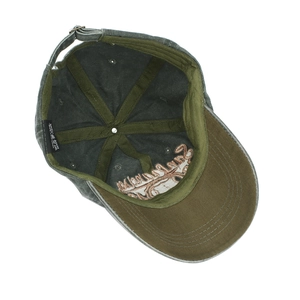 Deep olive green washed cotton baseball cap with American flag embroidery and metal buckle