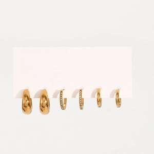 Set of six 18k gold plated stainless steel hoop earrings with smooth and zircon details