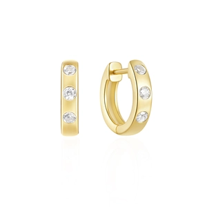 Detailed view of gold plated 925 silver hoop earrings with three inlaid zircons