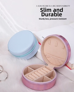 Macro detail of compact round jewelry box with zipper closure and velvet partitions