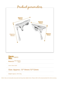 Detail of S925 sterling silver fluid earrings showing product dimensions and weight specs