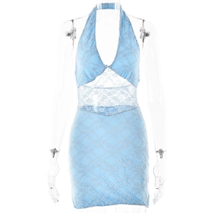 Sexy blaues Neckholder-Spitzenkleid mit Taillen-Hollow-Out und rückenfreiem Mini-Stil