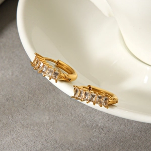 Boucles D'oreilles Créoles En Acier Inoxydable Zircon Baguette Plaqué Or Géométrique Élégant Mode Femmes