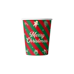 Christmas party paper cups featuring festive red and green stripes with gingerbread icons