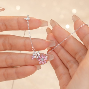 Flower Butterfly Necklace 925 Sterling Silver Pink White Zircon Forest Style Clavicle Chain For Women Jewelry