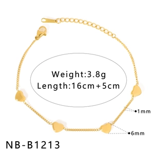 Pulsera de corazón en acero inoxidable bañado en oro de 18K con extensión de 5cm
