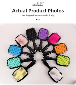 Radial display of ten colorful hollow-out hairbrushes for detangling wet and dry hair