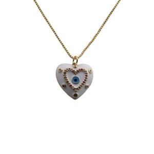 Golden heart necklace with evil eye design and colorful cubic zirconia on white background