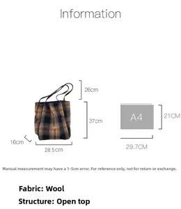 Detailed dimension guide of plaid wool tote bag showing size compared to A4 paper