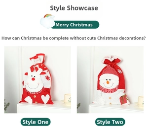 Close-up of knitted Christmas gift bags with 3D reindeer and snowman appliqué details