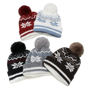 Winter knit beanies with Nordic snowflake pattern and pompom details in five colors