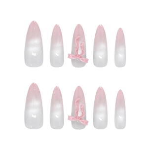 Pink gradient press-on nails in long almond shape with 3D bow design for women