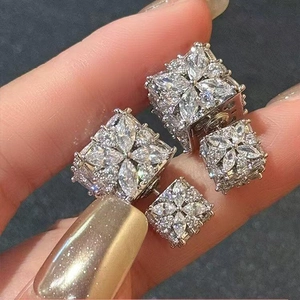 Sparkling square marquise cut zircon stud earrings in silver finish for women
