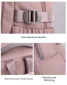 Detail of pink backpack side plastic adjustment buckle and reinforced nylon webbing stitching