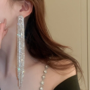 Close-up of elegant silver tassel earrings with shimmering crystals on model's ear