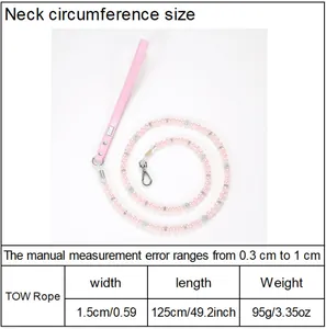Detailed size chart for pink pearl pet leash with length and width specifications