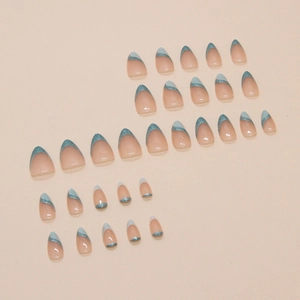 Unghie finte a mandorla French con glitter blu, set da 24 pezzi per donne