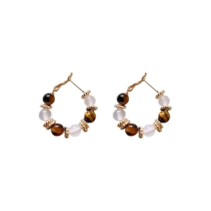 Tiger eye and opal beaded hoop earrings with gold-plated metal spacers in retro style