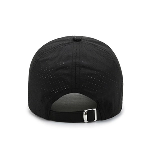 Rear view of black mesh baseball cap with adjustable metal buckle and breathable holes