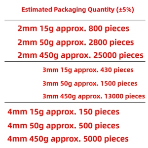 Size guide for silver-lined glass beads showing quantity estimates for 2mm 3mm and 4mm