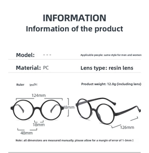 Detailed size chart for kids round PC glasses frames with 124mm width and resin lens