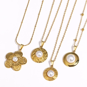 18K gold plated stainless steel necklaces with shell pearls and flower pendants