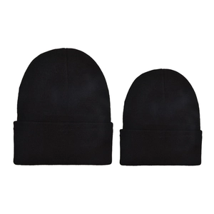Pair of black ribbed knit beanies for parent and child in minimalist outdoor style
