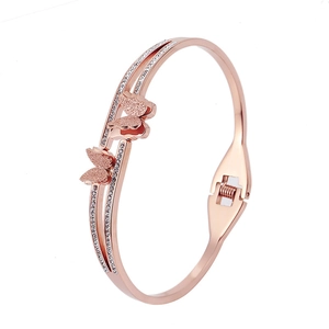 Rose gold titanium steel double butterfly bangle with sparkling crystal rhinestones