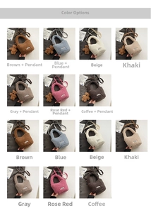 Detailed grid showing faux shearling bucket bags in multiple colors with bear charms