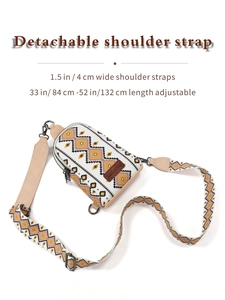 Detail of bohemian canvas crossbody bag with detachable and adjustable shoulder strap