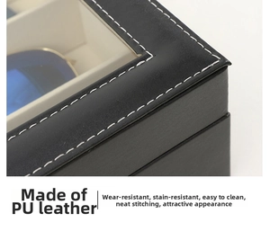 Detail of black PU leather watch box with white stitching and transparent window