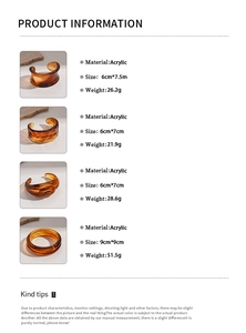 Detailed sizing and material information for vintage amber acrylic geometric cuff bracelets