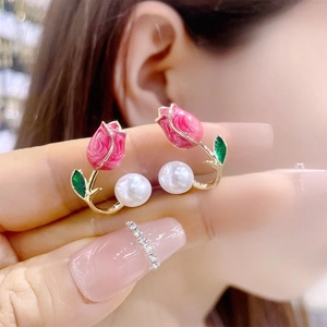 Versatile Pink Tulip Enamel Stud Earrings With White Faux Artificial Pearl Alloy Gold Plated Floral Sweet Jewelry For Women