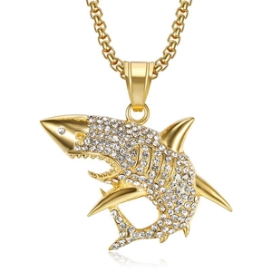 Hip Hop Haifisch Anhänger Halskette Gold plattiert mit funkelnden Kristallen besetzt