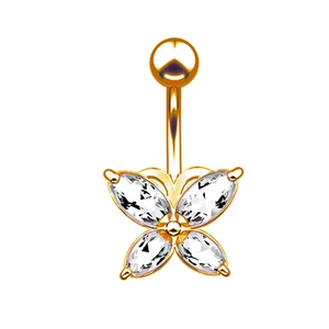 Piercing de nombril papillon doré avec zircons marquises étincelants sur fond blanc