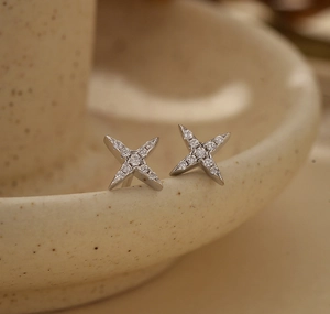 Macro shot of silver S925 star stud earrings with sparkling cubic zirconia inlay