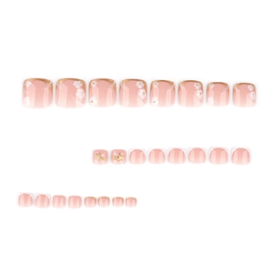 Faux ongles d'orteils carrés courts dorés et blancs avec motifs fleurs et perles
