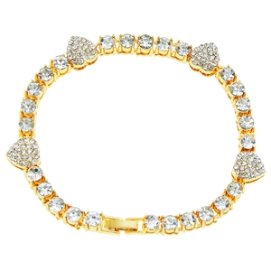 Hip hop style gold bracelet for men featuring circular rhinestones and pavé heart charms