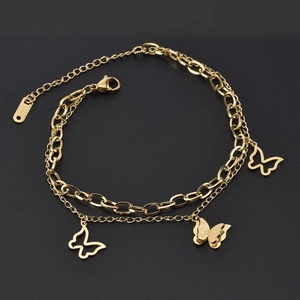 Double Layer Stainless Steel Bracelet With Hollow And Matte Butterfly Charms For Women Adjustable Fashion Jewelry