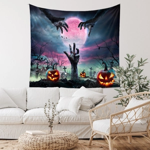 Detailed view of Halloween tapestry with pumpkins and zombies in a modern living room