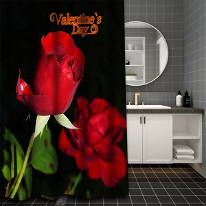 Detail of waterproof polyester shower curtain with red rose and golden Valentine text