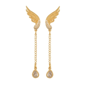 Detailed view of gold wing earrings featuring hanging chains and clear teardrop zircons