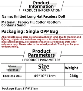 Detailed spec sheet for a knitted Christmas gnome with dimensions 45x10x11cm