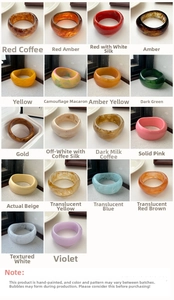 Detail grid showing wide irregular resin bangles in 18 colors and marble textures
