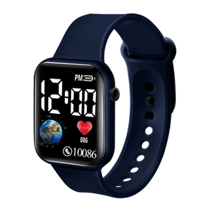 Macro shot of navy blue digital sports watch showing heart rate and step counter display