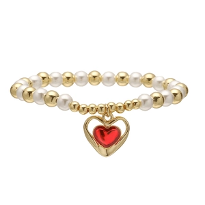 Fashionable golden beads and white pearl bracelet with a red heart-shaped pendant