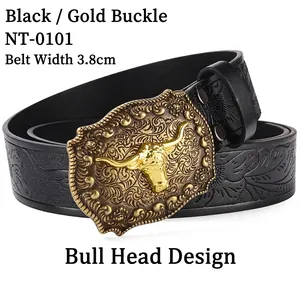 Detail of 3.8cm black leather belt with golden bull head buckle and floral embossing